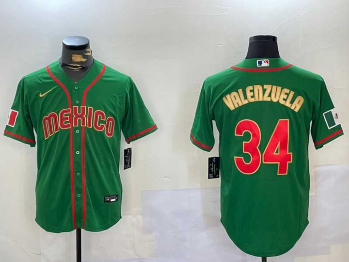 Men%27s Mexico Baseball #34 Fernando Valenzuela 2023 Green Gold World Classic Stitched Jersey